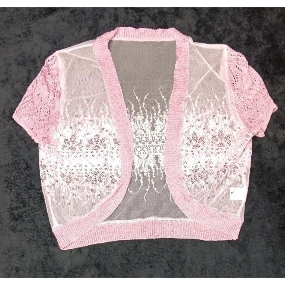 Y2K Sequin Lace Sheer Short Sleeve Cropped Shrug Bolero Cardigan S Pink Coquette